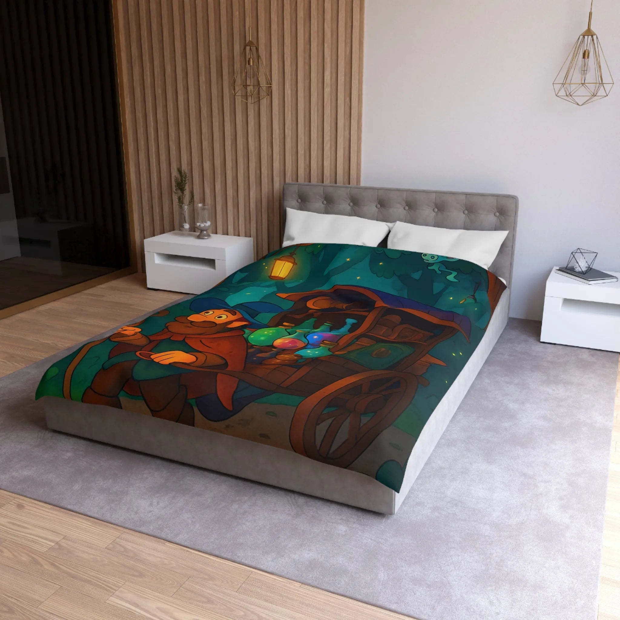 Housse de couette enchantée avec chariot de potions et créatures fantastiques