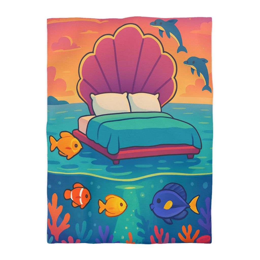 Housse de couette océan, lit coquillage, poissons tropicaux, ambiance coucher de soleil