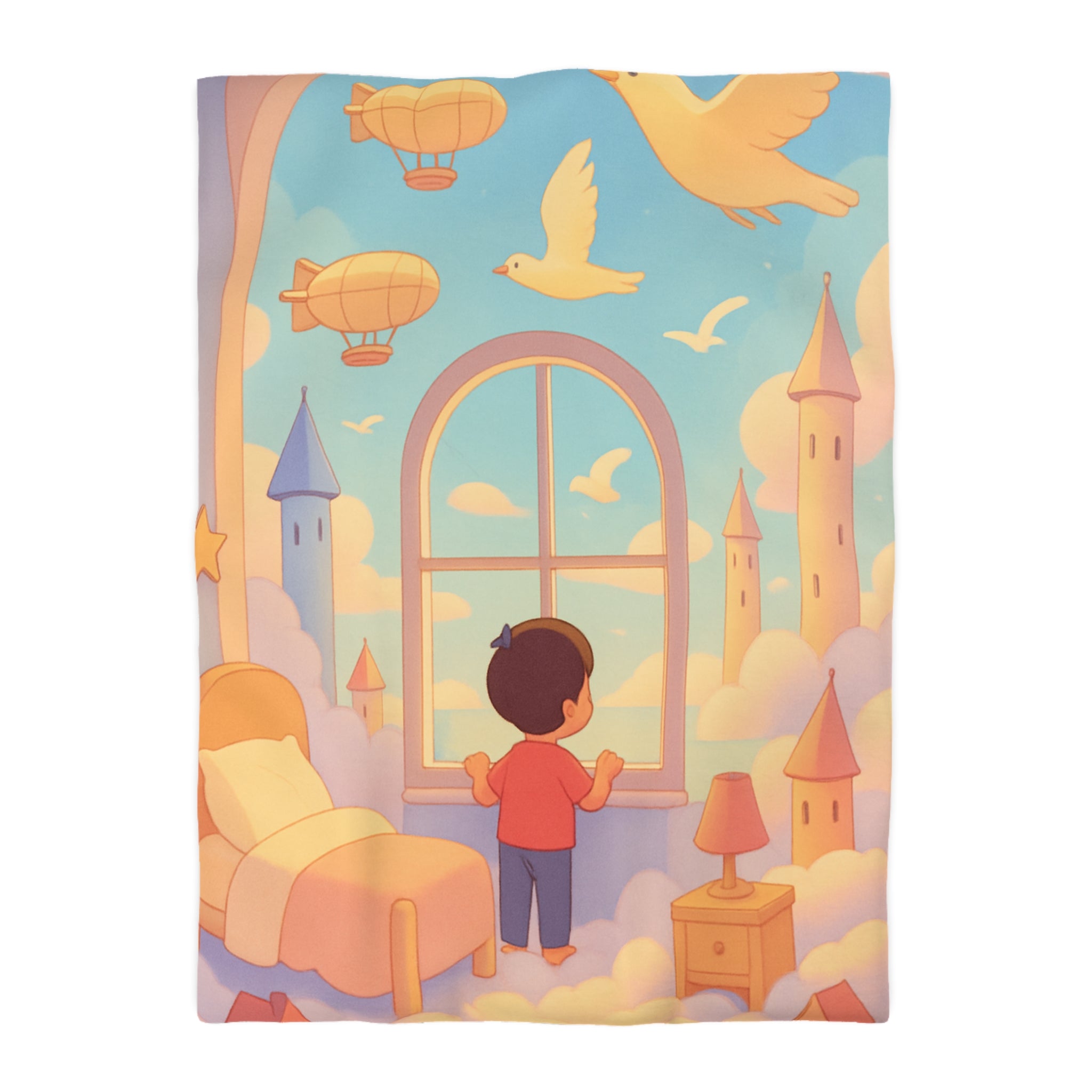 Housse de couette rêveuse enfantine avec nuages, dirigeables et oiseaux volants paisibles