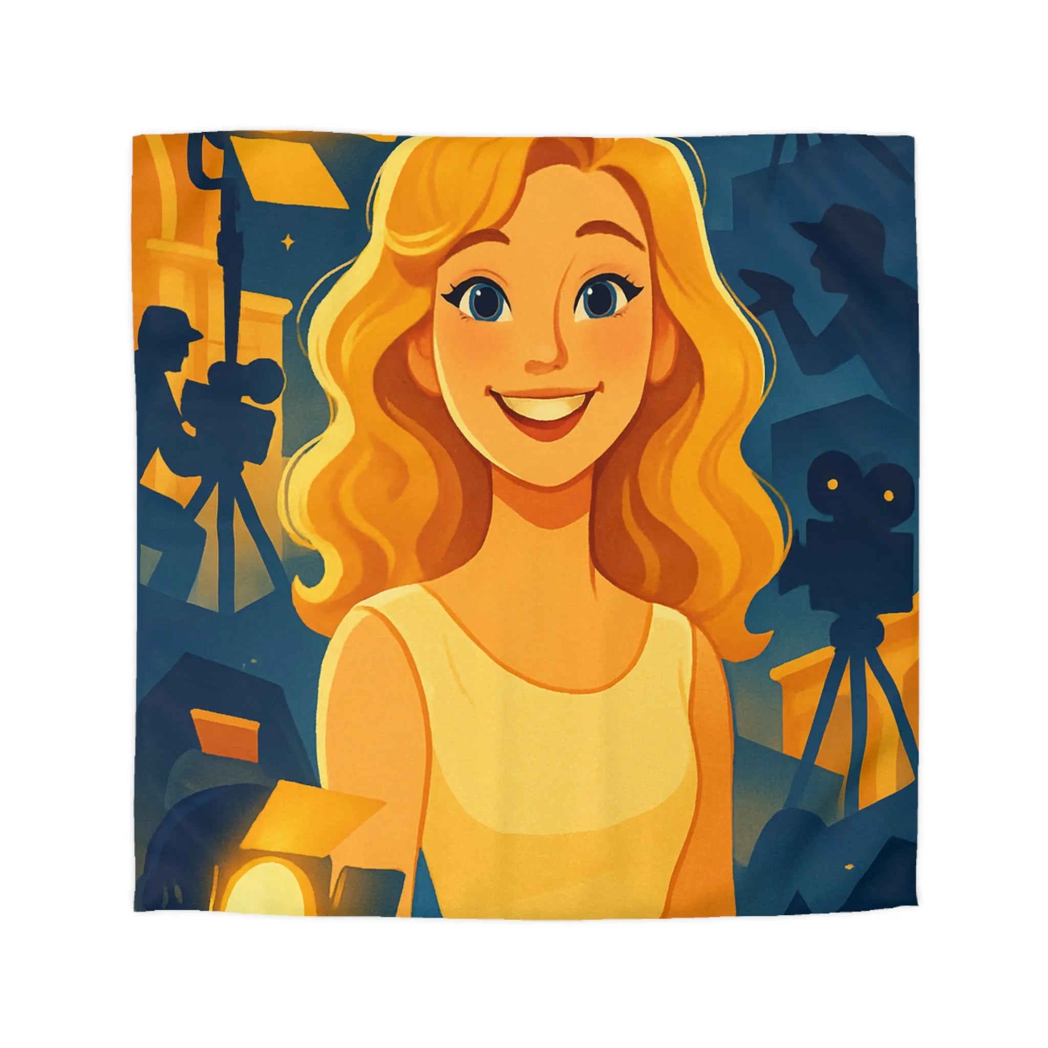 Housse de couette avec scène de tournage glamour et personnages stylisés illuminés