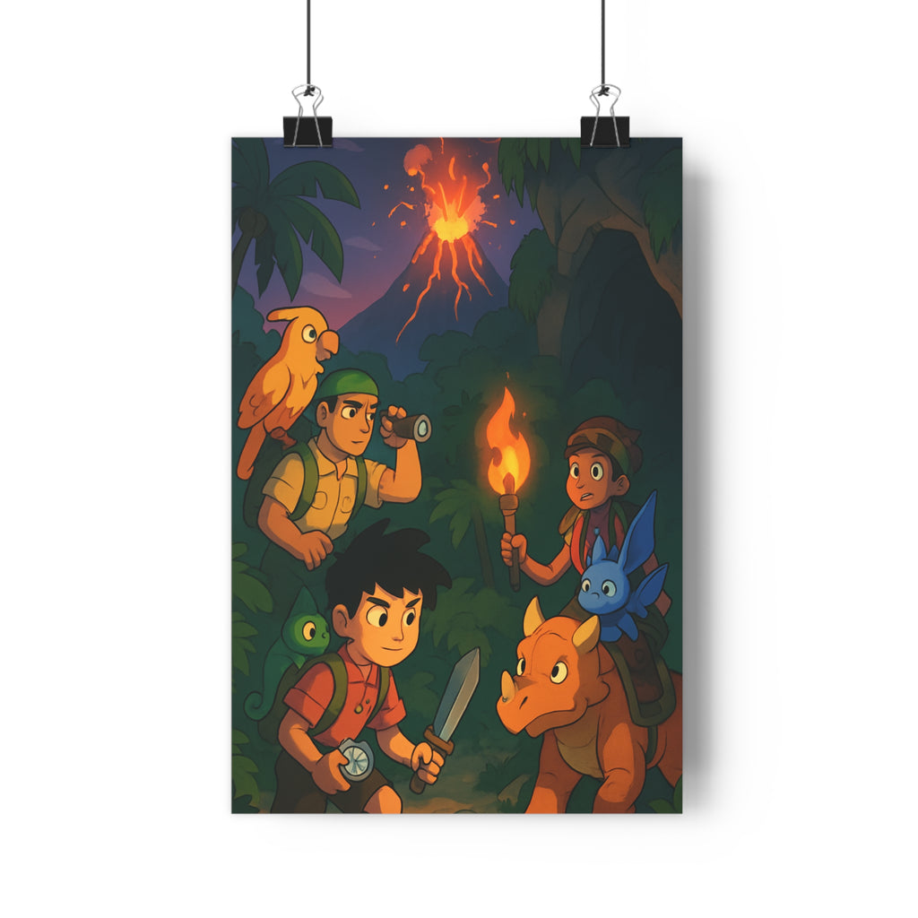 Poster décoratif aventure dessin animé jungle nocturne couleurs vives chambre salon explorateur créature volcan