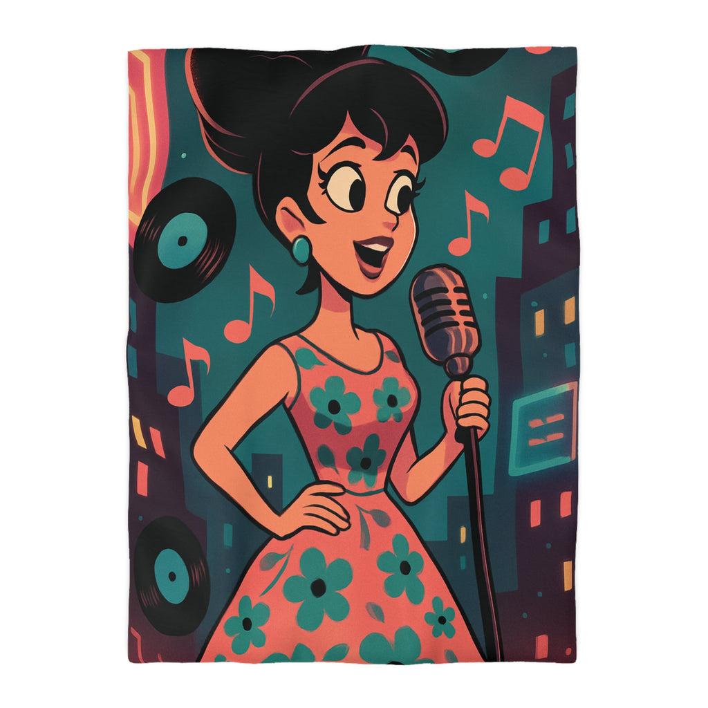 Housse de Couette Vintage Femme en Robe à Fleurs Chante Microphone Musique.