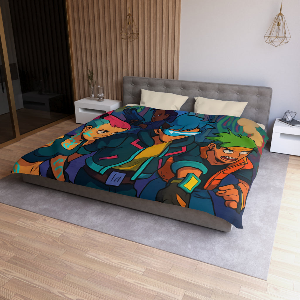 Housse de couette néon rétro avec personnages futuristes dans ruelle urbaine animée