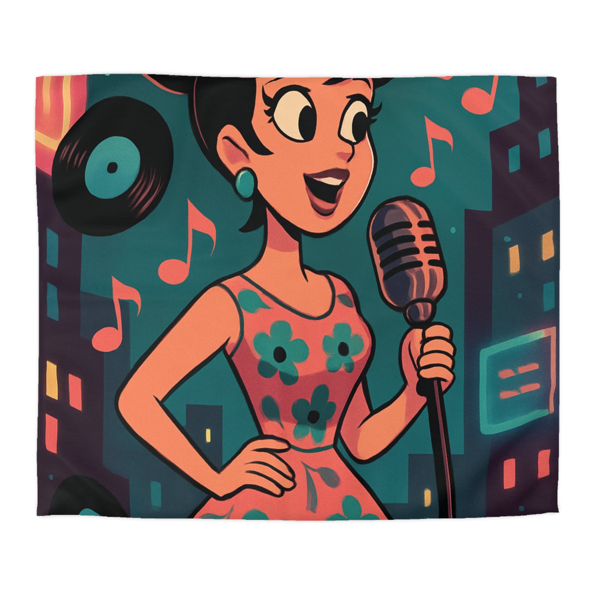 Housse de Couette Vintage Femme en Robe à Fleurs Chante Microphone Musique.