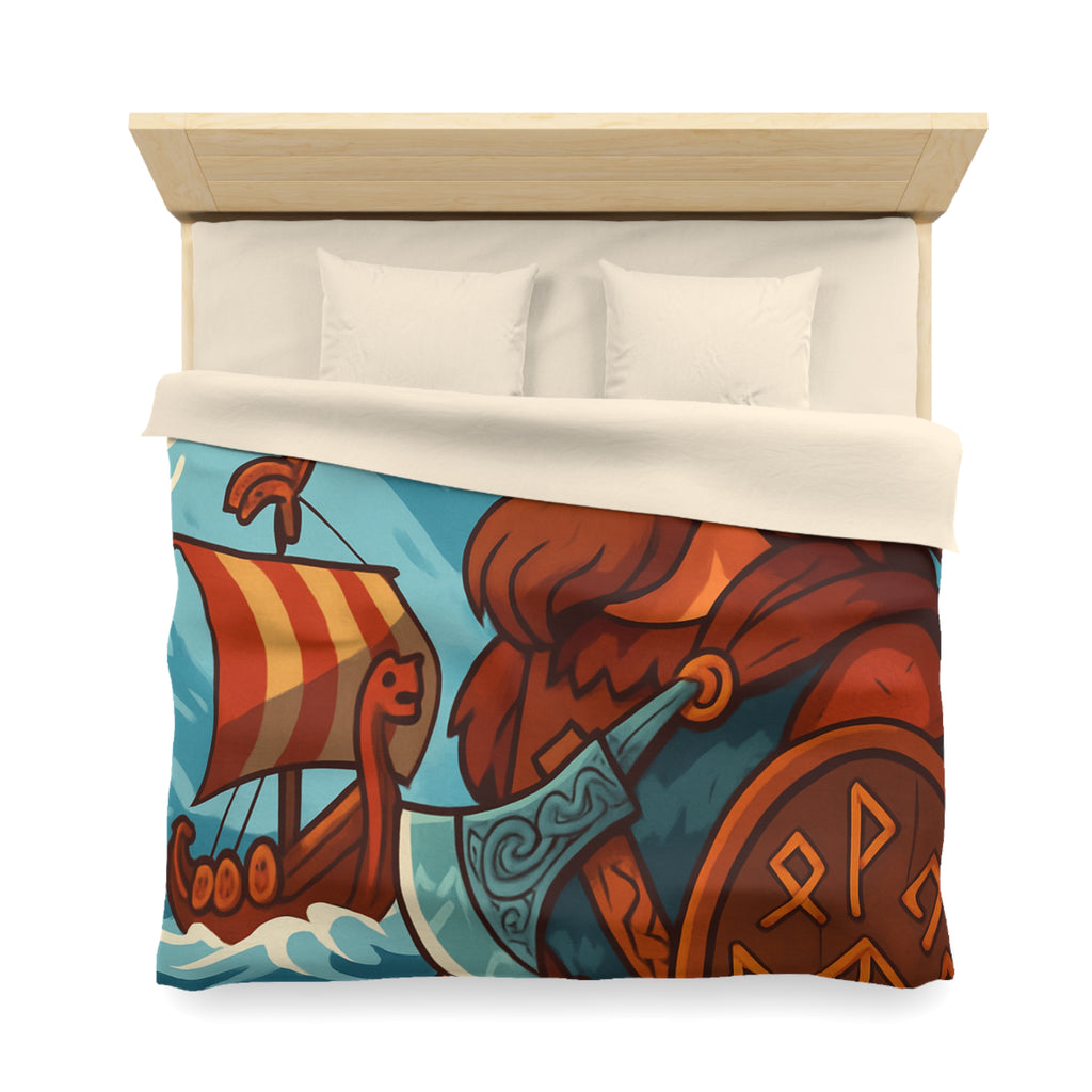 Housse de couette viking avec guerrier, montagne, navire, mer, motifs runiques