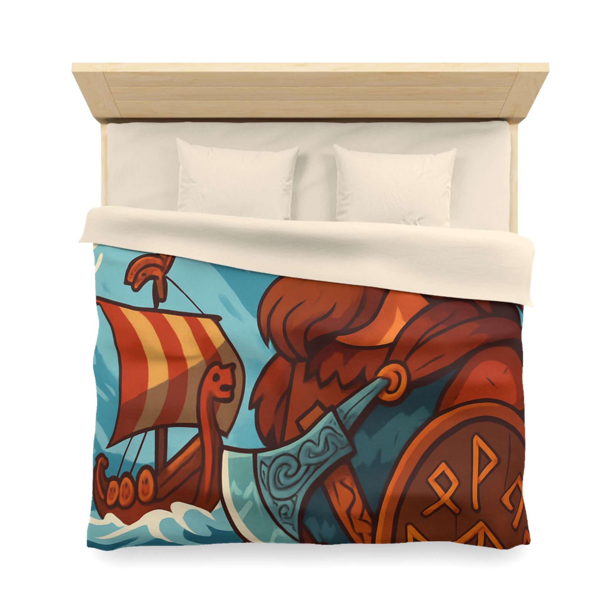 Housse de couette viking avec guerrier, montagne, navire, mer, motifs runiques