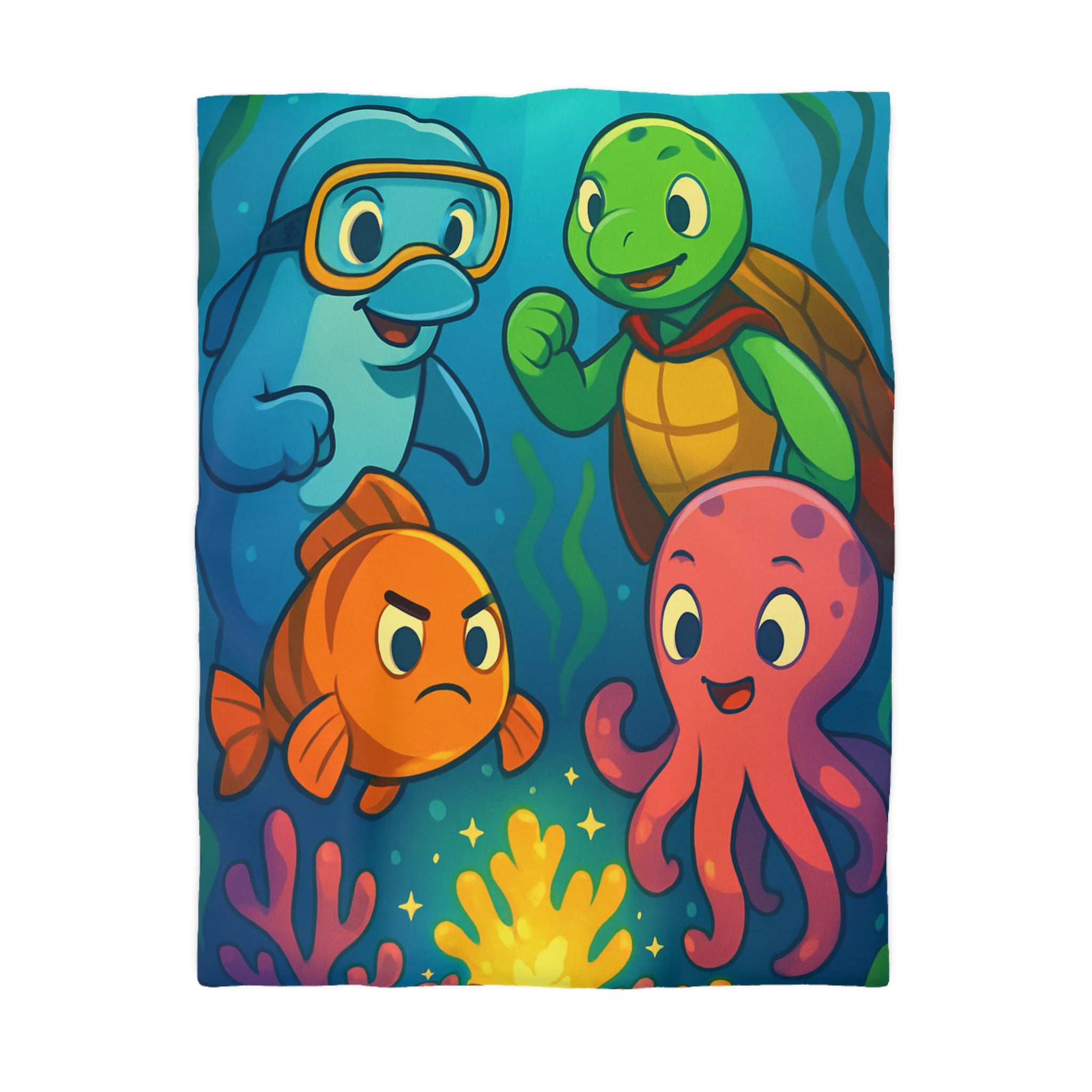 Housse de couette océan joyeux avec dauphin, tortue, poisson et pieuvre colorée