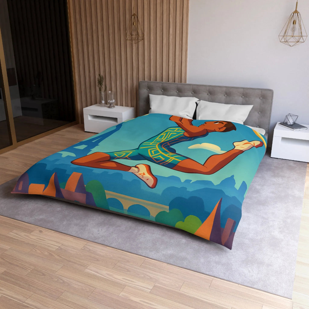 Housse de couette athlète sautant en ville avec ciel bleu et monuments célèbres