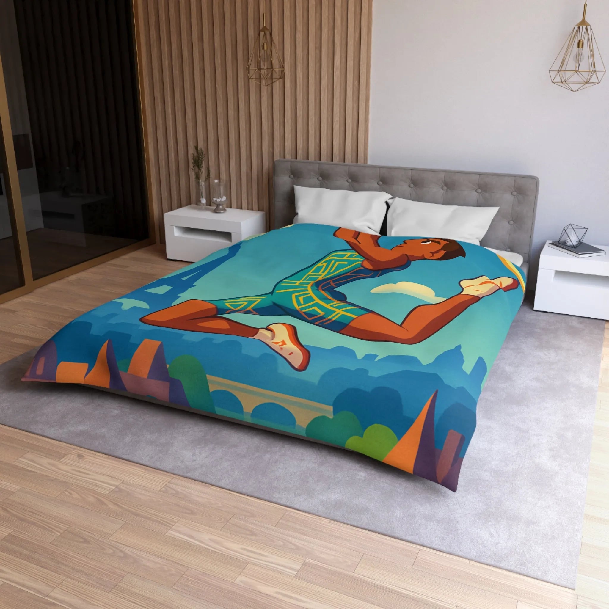 Housse de couette athlète sautant en ville avec ciel bleu et monuments célèbres