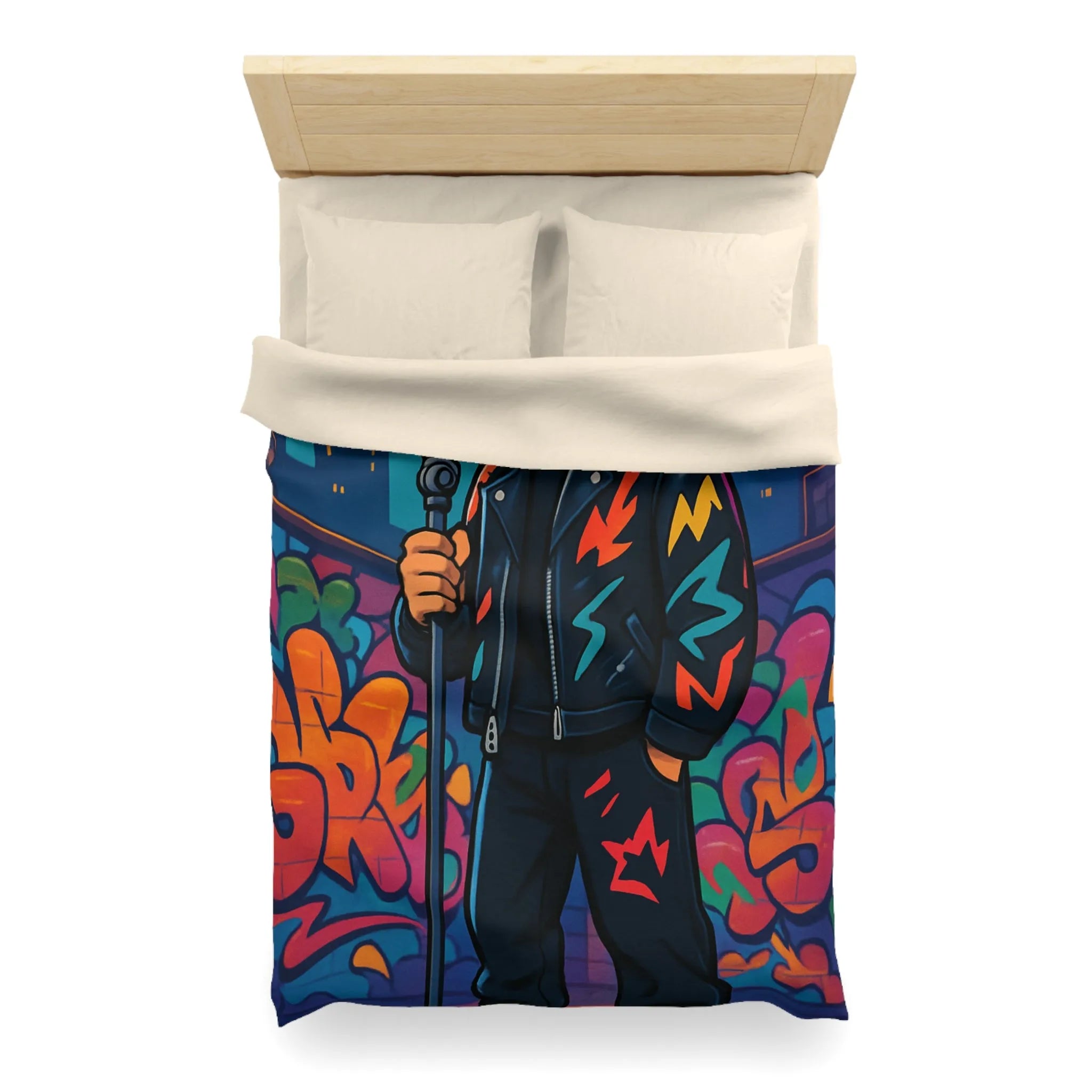 Housse de couette colorée graffiti style urbain avec chanteur devant micro rétro