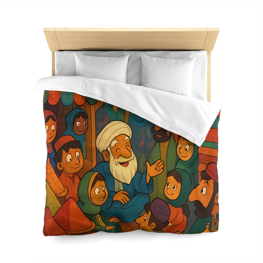 Housse de Couette Colorée Illustrant un Marché Animé avec Scène de Conteurs Traditionnels
