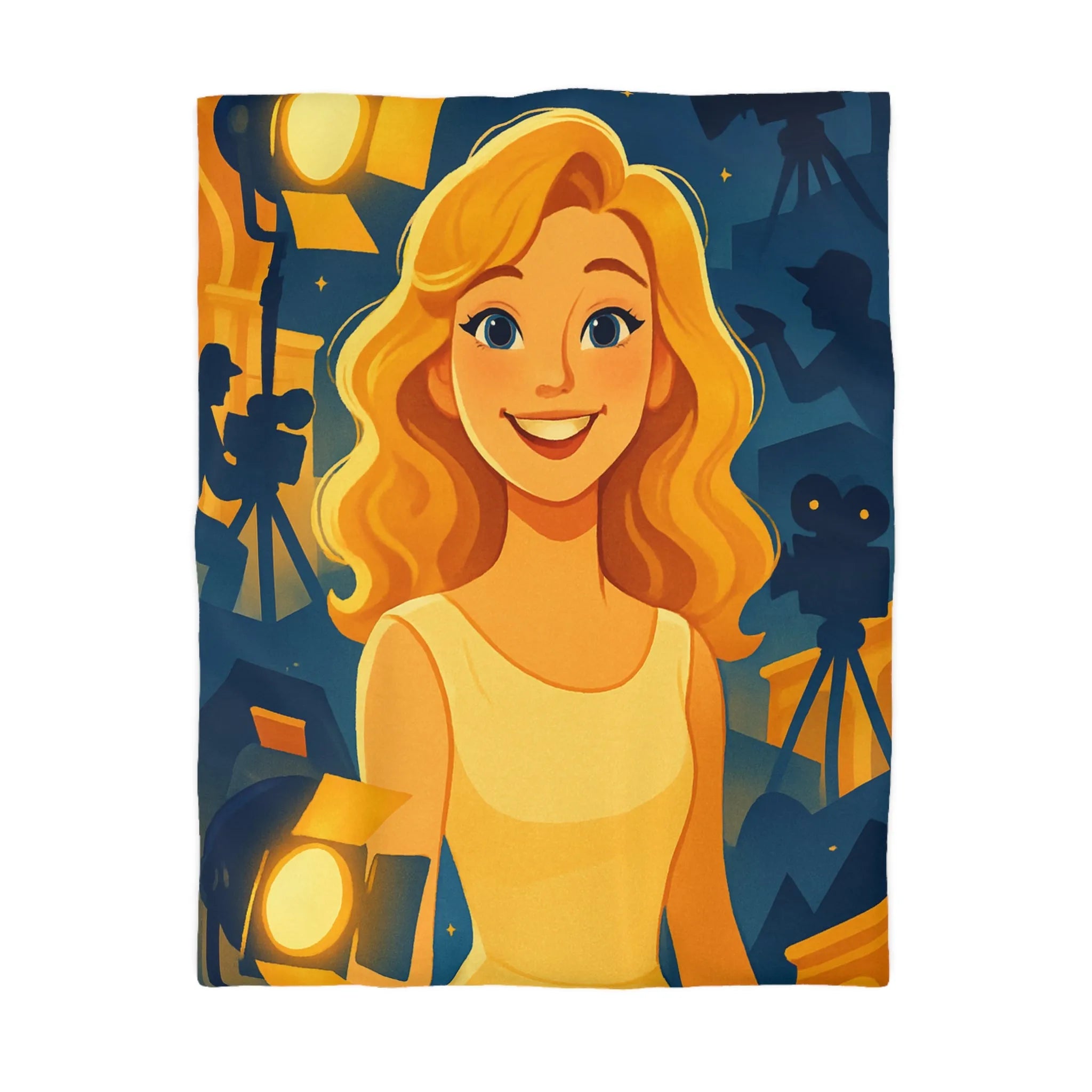 Housse de couette avec scène de tournage glamour et personnages stylisés illuminés