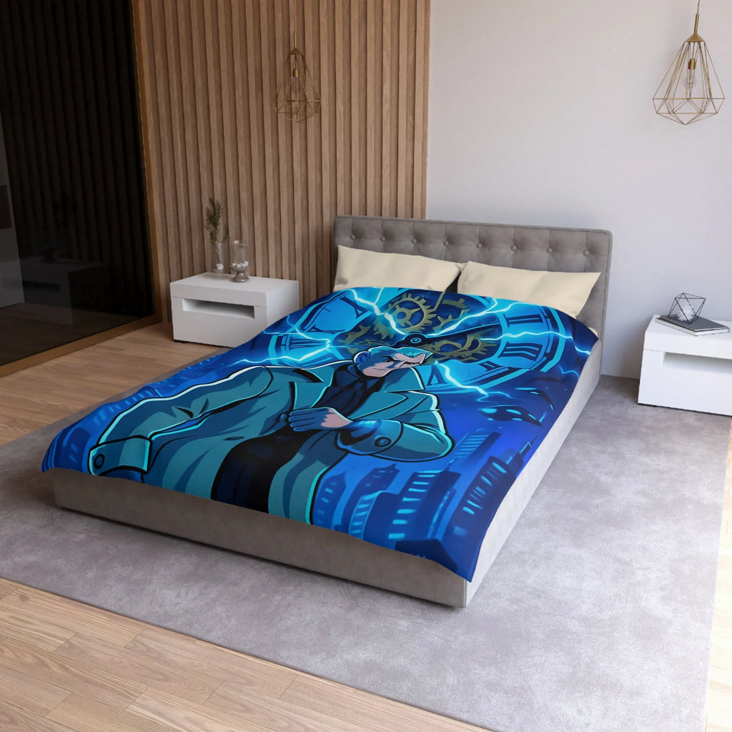 Housse de Couette Inspiration Futuriste avec Horloge Éclair et Personnage Mystérieux en Manteau
