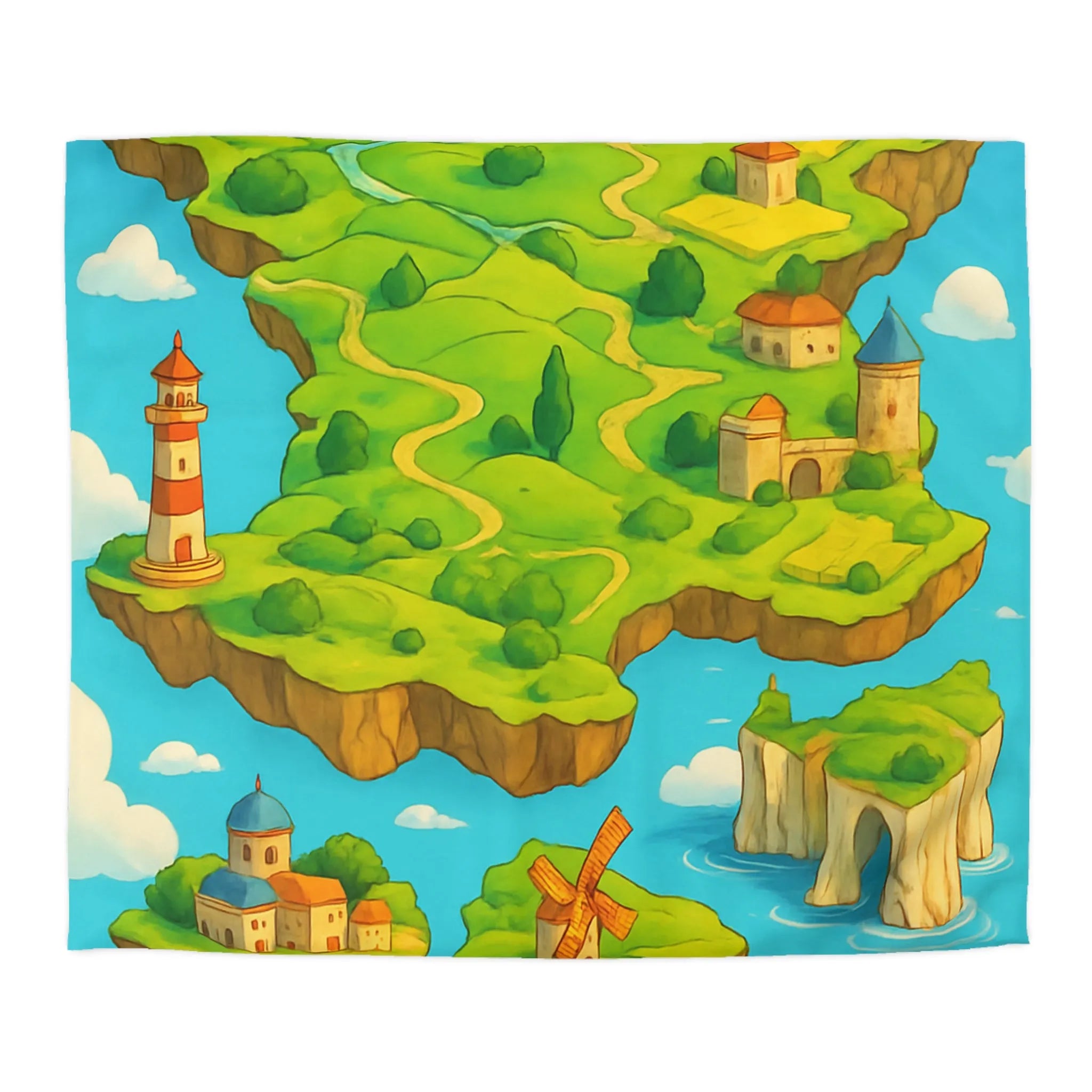 Housse de Couette Fantaisie Île Flottante Paysage Coloré Mer Moulins et Phare