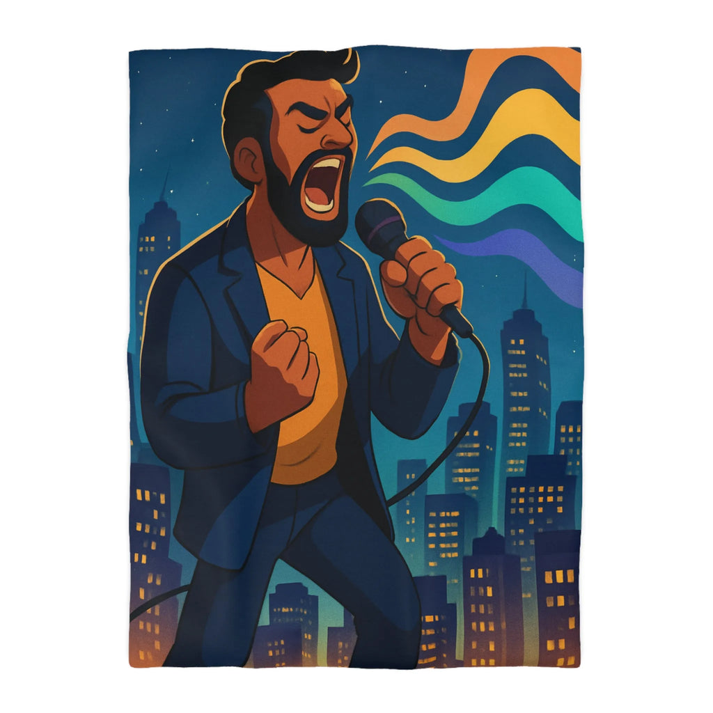 Housse de couette artistique : chanteur vibrant avec coucher de soleil et gratte-ciels