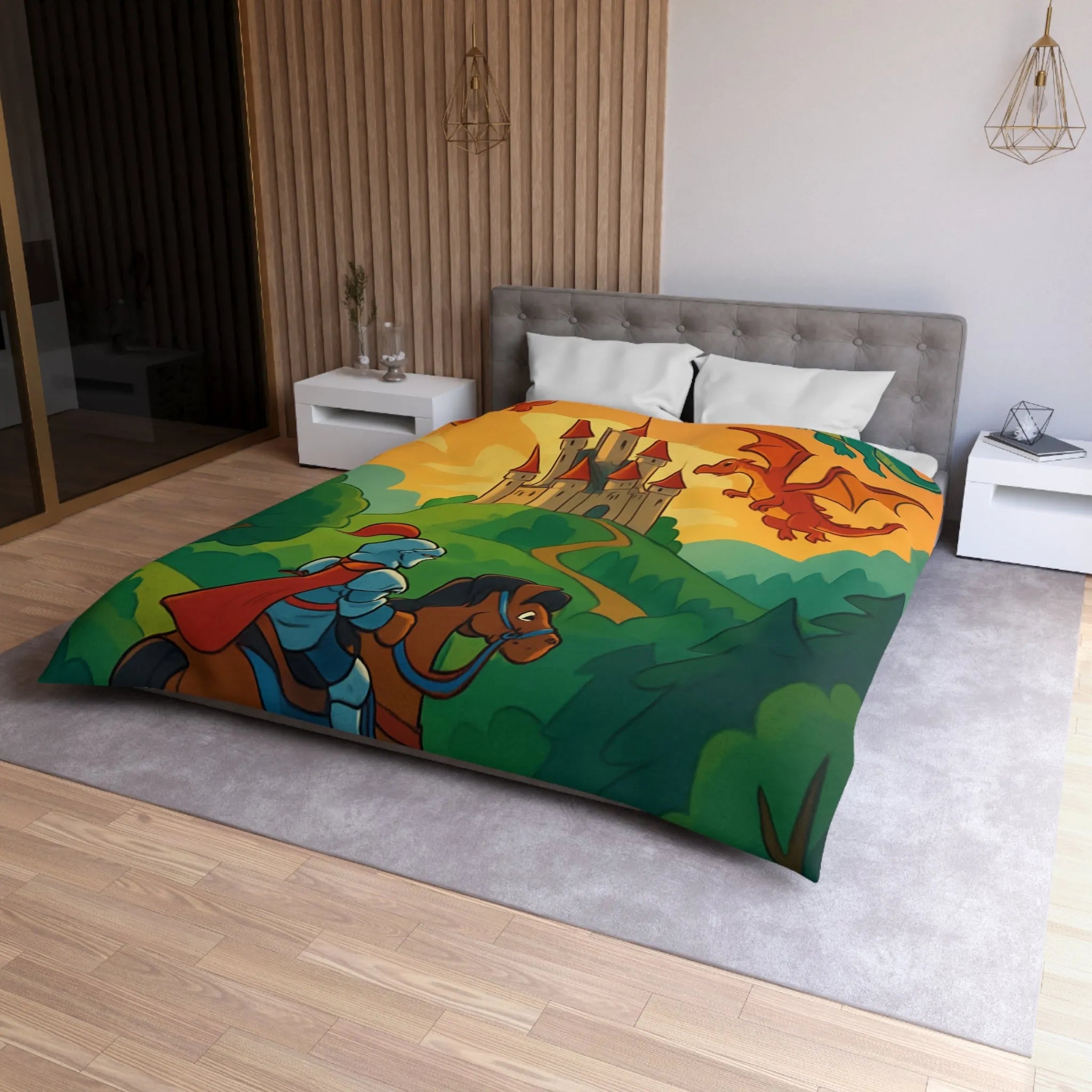 Housse de couette chevalier et dragons colorés pour chambre enfant thème aventure magique