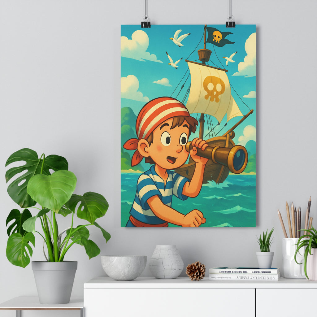 Poster décoratif aventure pirate cartoon enfant couleurs vives chambre joyeuse maritime exploration bandeau longuevue