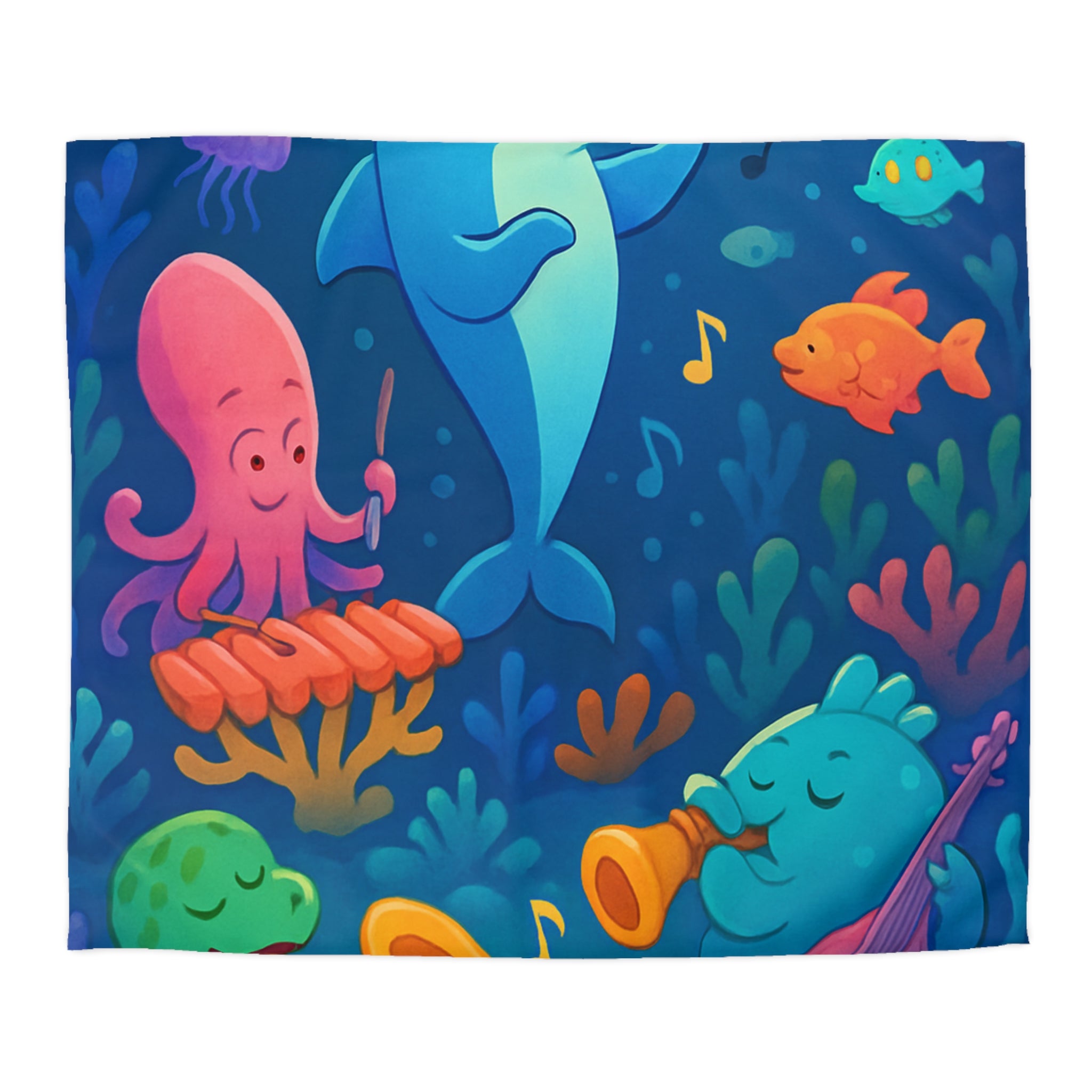 Housse de couette océan joyeux avec animaux marins et notes musicales colorées