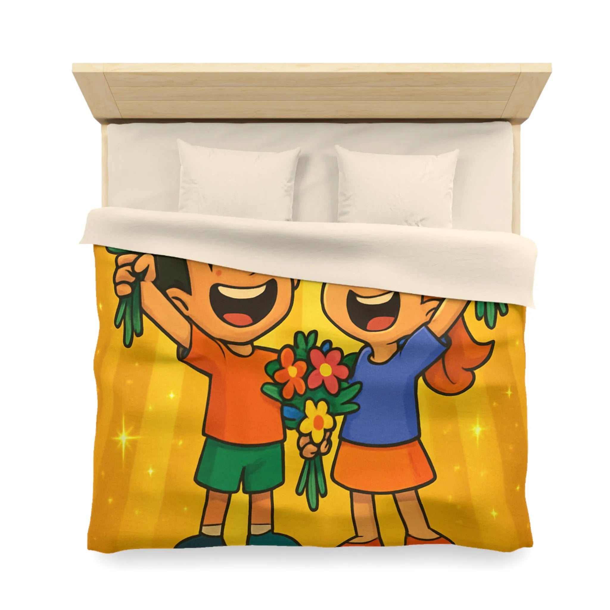 Dessin mignon d'enfants célébrant avec des bouquets de fleurs illuminés de rayons dorés