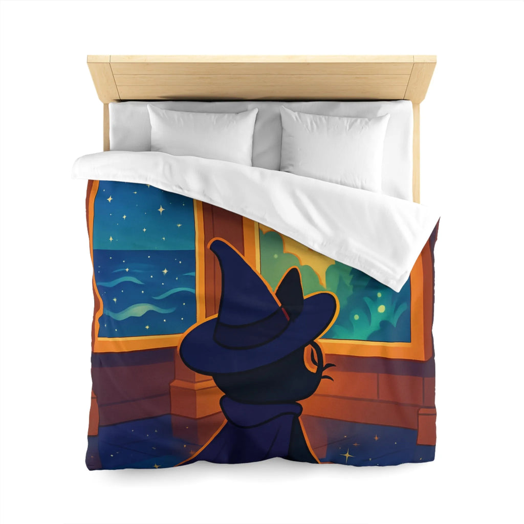 Housse de couette ambiance nocturne avec chat sorcier et paysages enchanteurs colorés