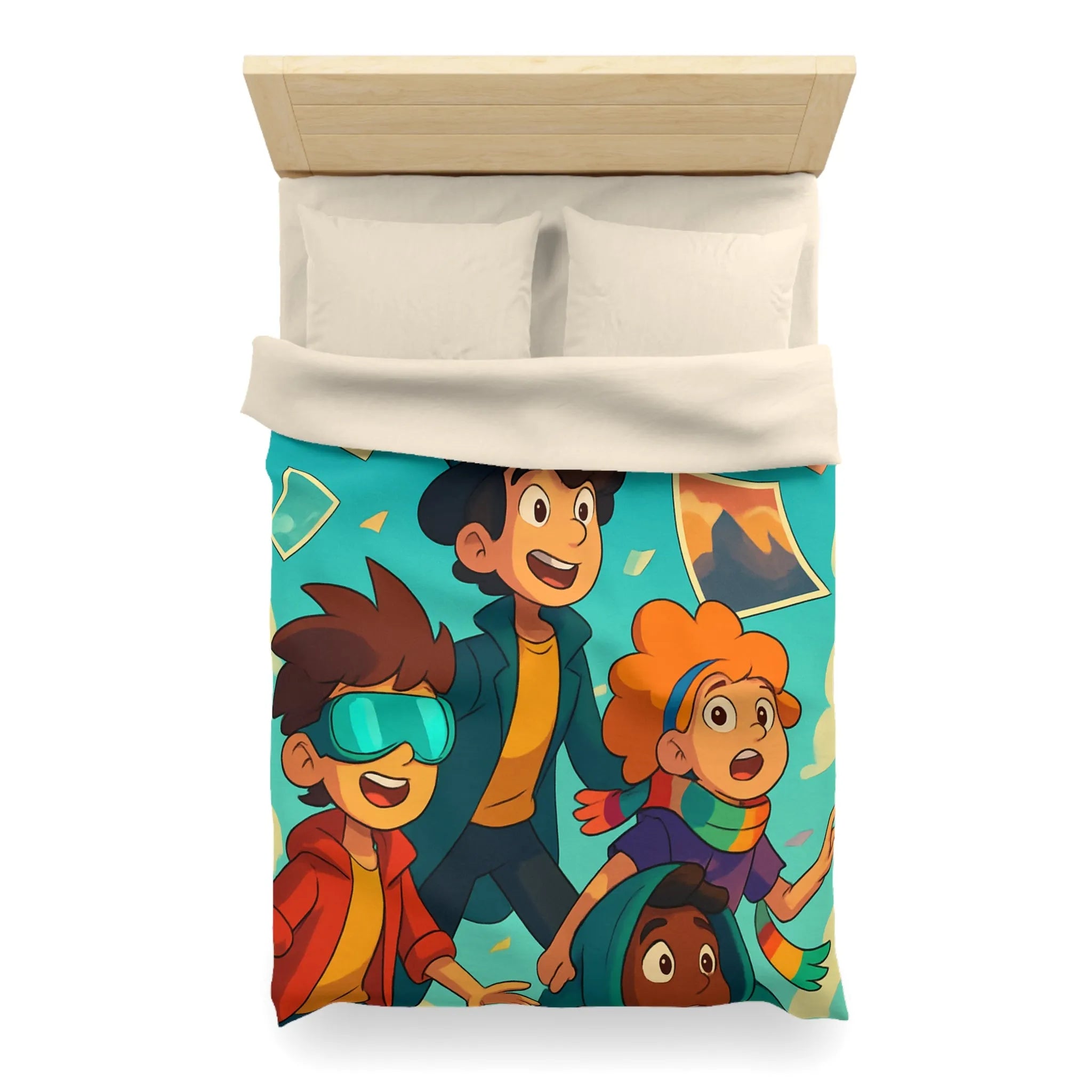 Housse de couette colorée avec enfants explorateurs et illustrations de paysages flottants