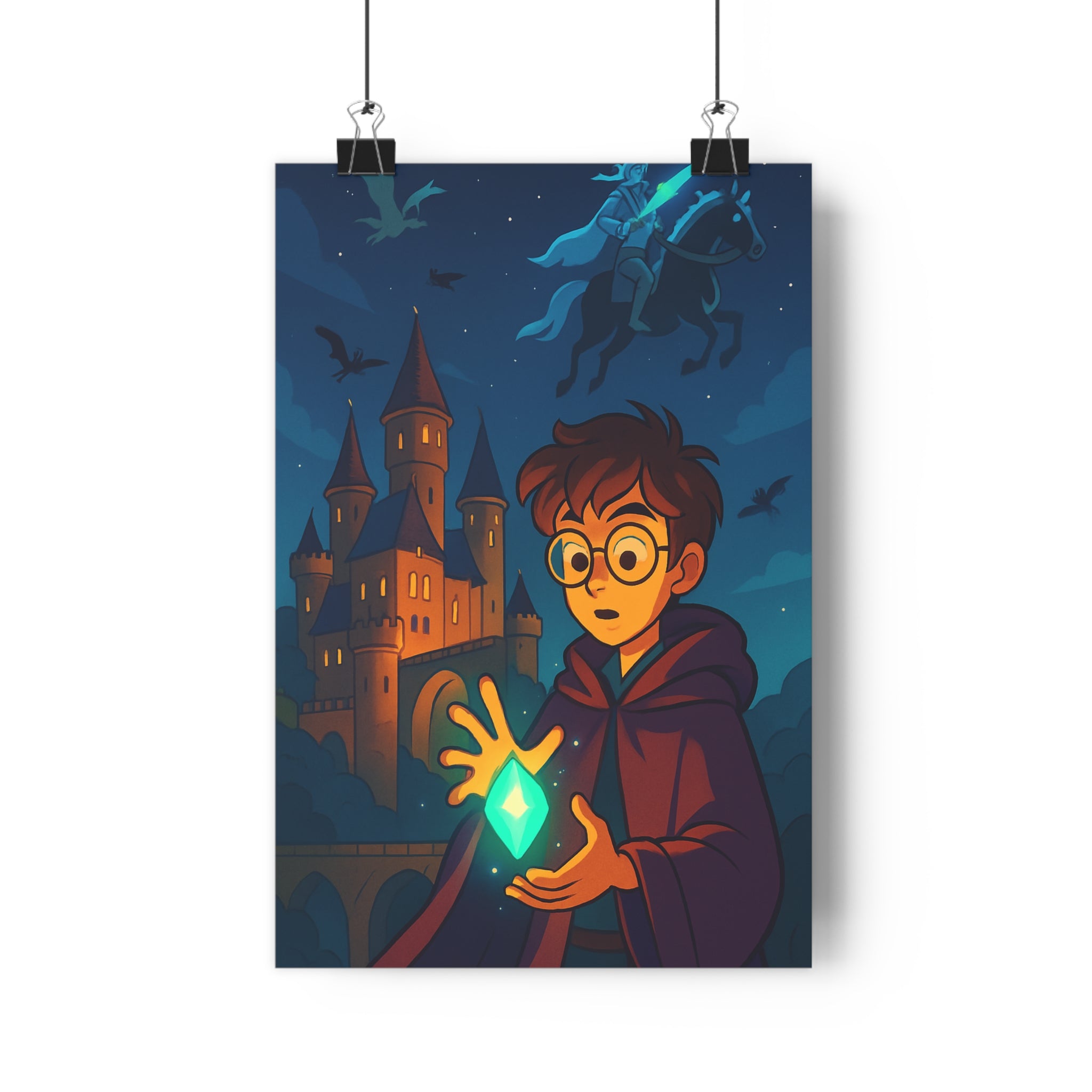 Poster décoratif cartoon féérique sorcier château ciel étoilé chambre enfant créature magique 30x46 cm