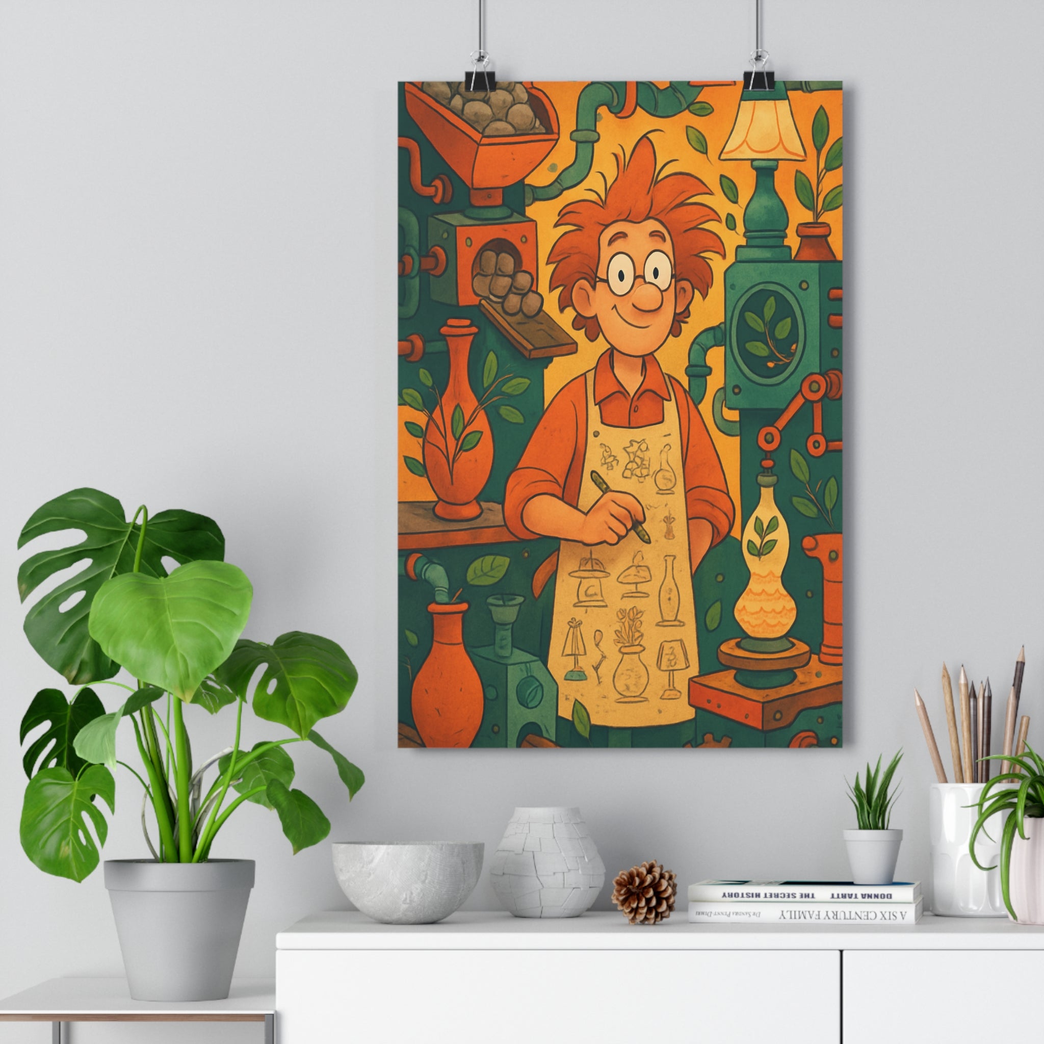 Poster décoratif steampunk orange vert inventeur joyeux atelier bureau créatif ambiance chaleureuse format 30x46