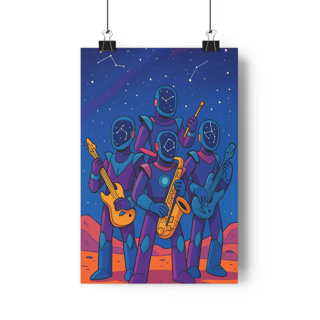 Poster décoratif cosmique bleu violet cartoon futuriste mystique chambre musique constellation format 30x46 ambiance