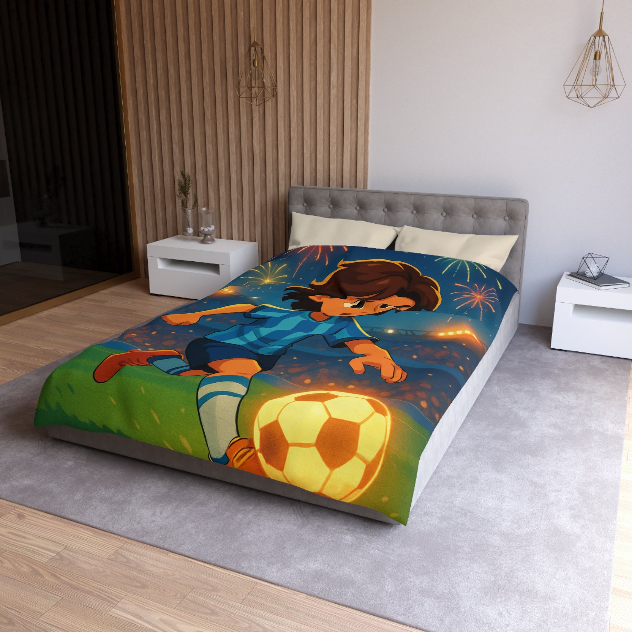 Housse de couette vibrante avec joueur de football animé et feux d'artifice