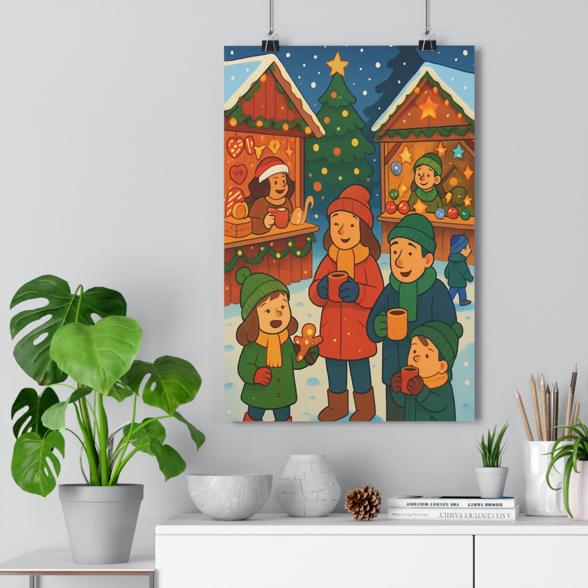 Poster décoratif joyeux hiver neige chalet bois étoiles lumineux chambre salon famille festif vintage