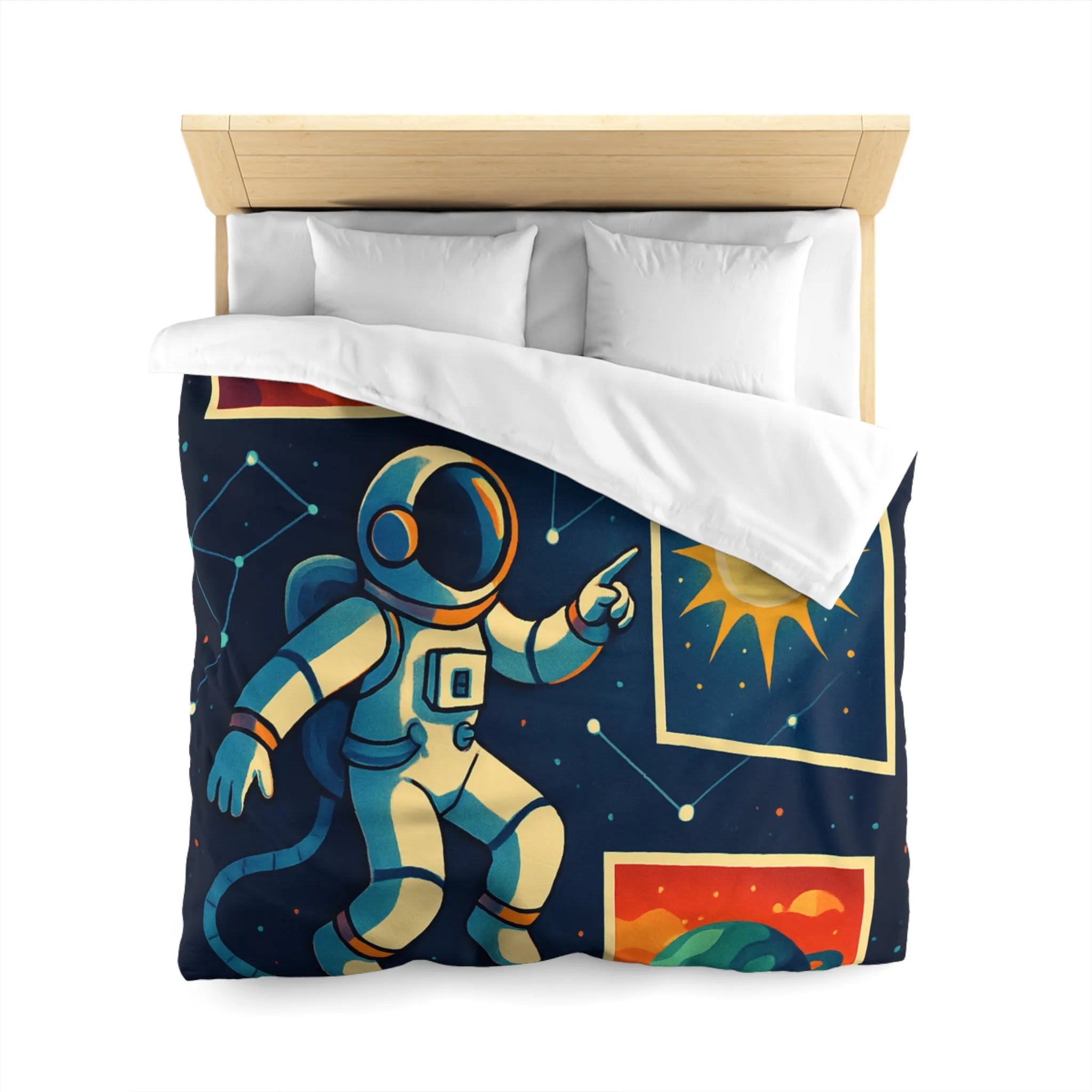 Housse de Couette Espace: Astronaute Flottant parmi Planètes et Constellations, Nuit Étoilée