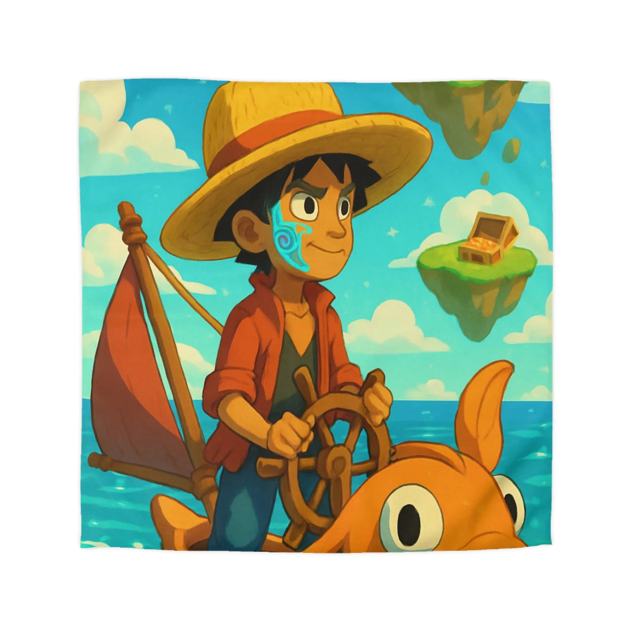 Housse de couette embarcation colorée sur océan turquoise avec îles flottantes et trésors