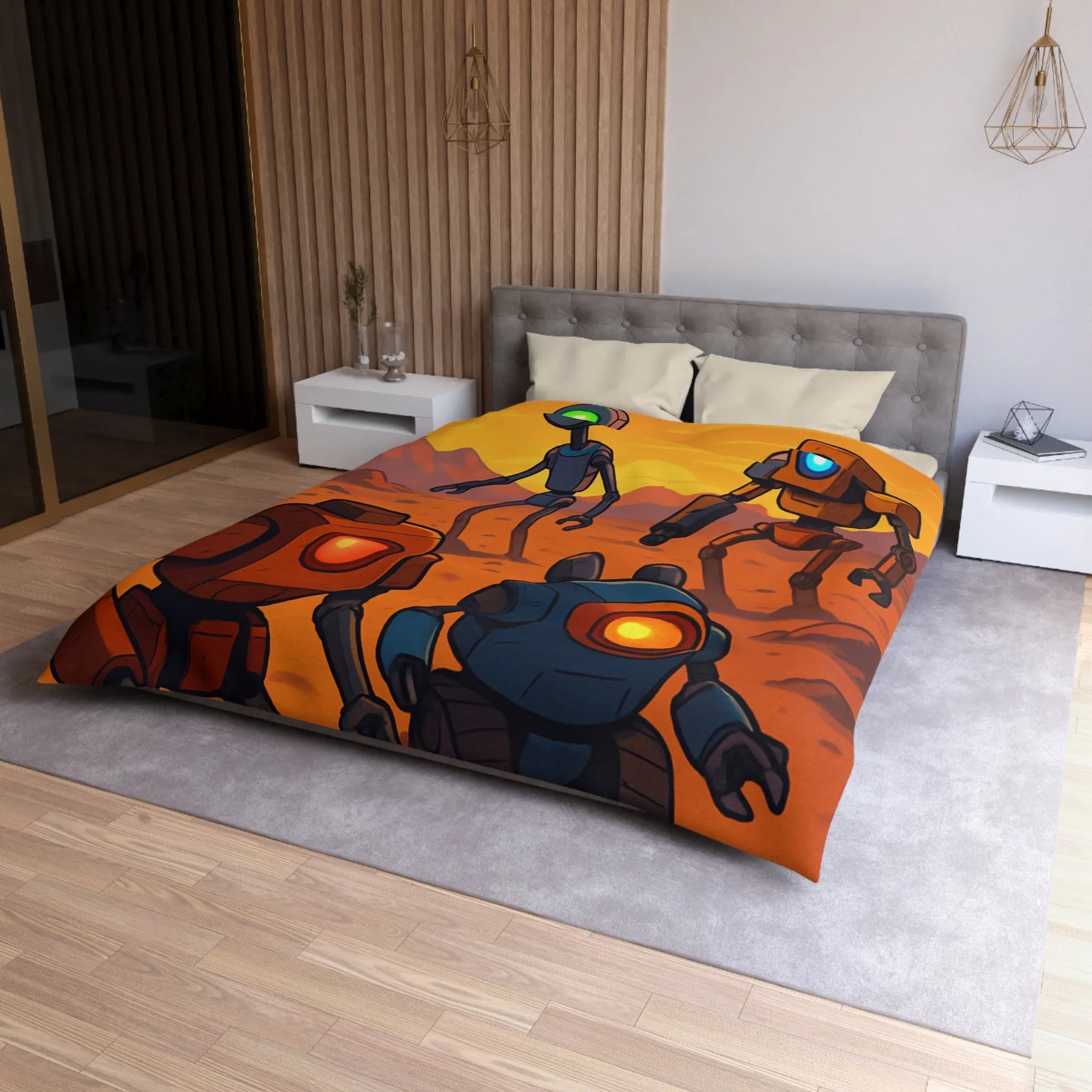 Housse de couette avec robots colorés dans un paysage désertique au coucher du soleil