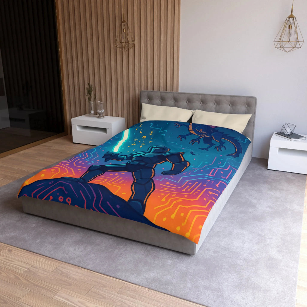 Housse de couette futuriste avec chevalier numérique et dragon volant coloré et épique