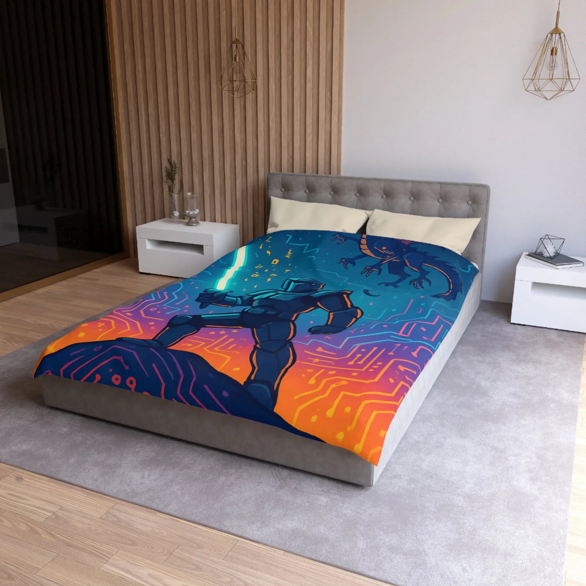 Housse de couette futuriste avec chevalier numérique et dragon volant coloré et épique