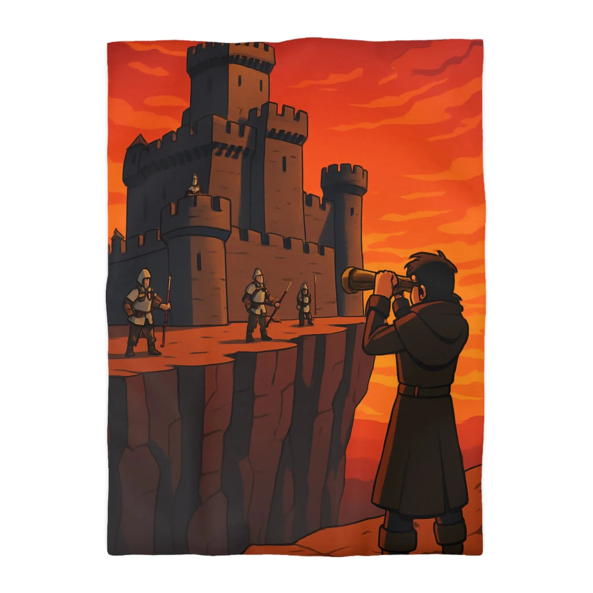 Housse de couette médiévale avec forteresse et observateur sous coucher de soleil épique