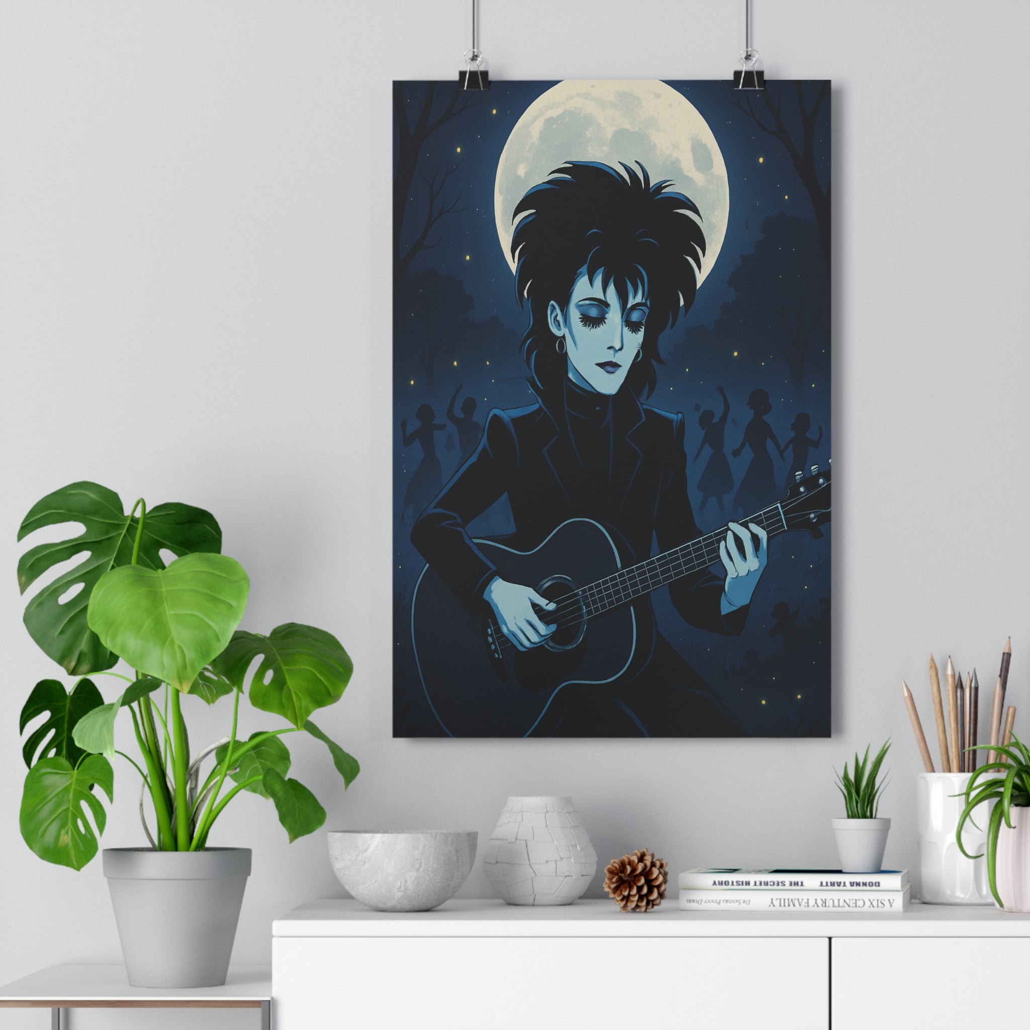 Poster décoratif gothique mystique bleu nuit fantaisie lune chambre salon rêveur captivant silhouette guitare