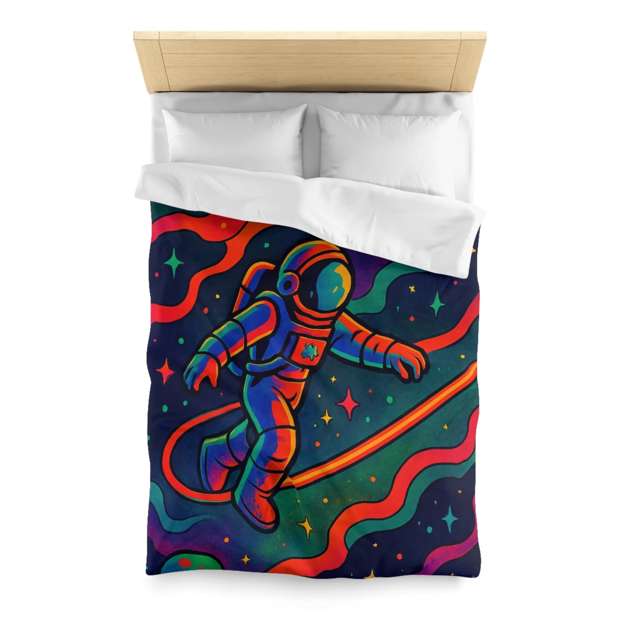 Housse de couette astronaute flottant dans un cosmos aux couleurs psychédéliques vibrantes