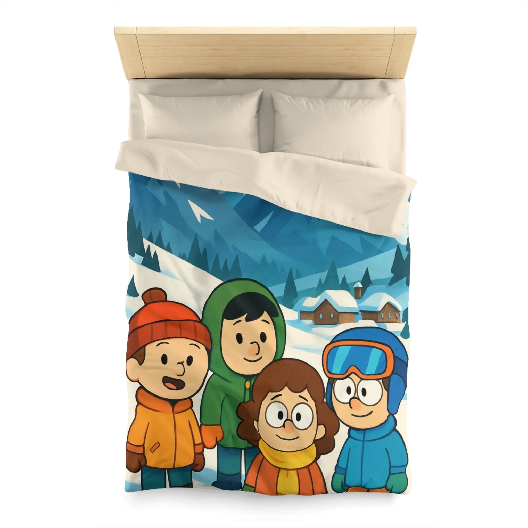 Housse de couette avec enfants joyeux et montagnes enneigées pour chambre d'enfant