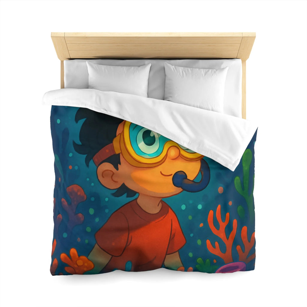 Housse de couette enfantine avec motif sous-marin coloré poisson et garçon plongeur dessiné