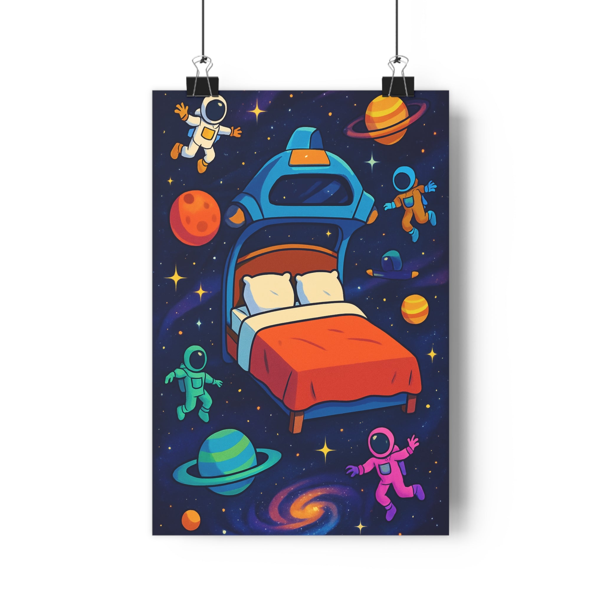 Poster décoratif aventure espace bleu orange rose cartoon enfant chambre joyeux original cadre vibrant