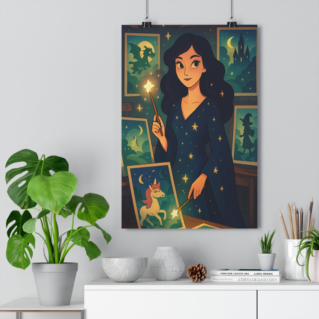 Poster décoratif féérique pastel mystique chambre enfant magique magicienne dragon château lune licorne baguette