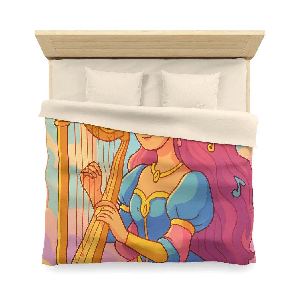 Housse de Couette Magique Princesse Jouant Harpe avec Oiseaux et Papillons Colorés