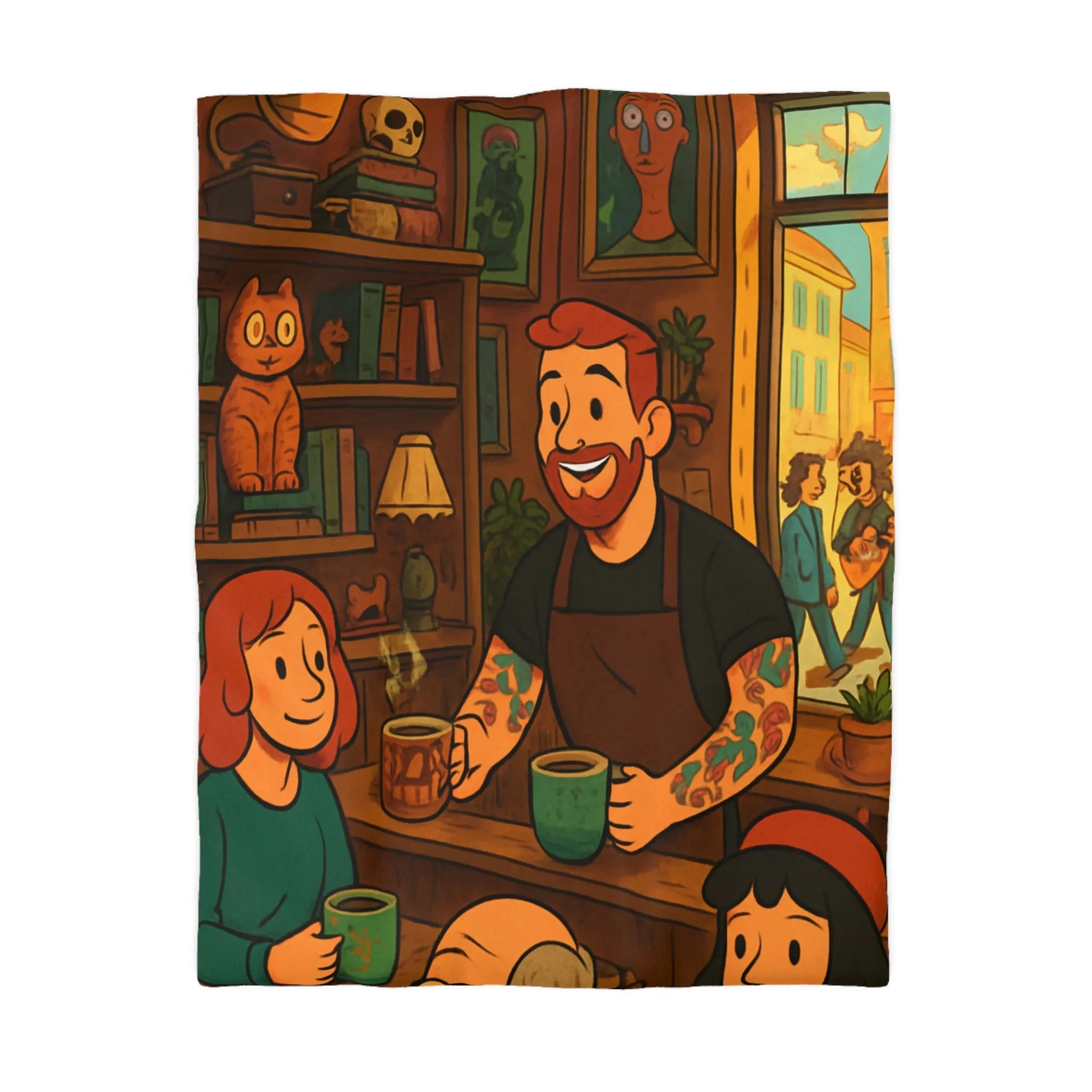 Housse de couette café chaleureux avec illustrations rétro et ambiance vintage colorée