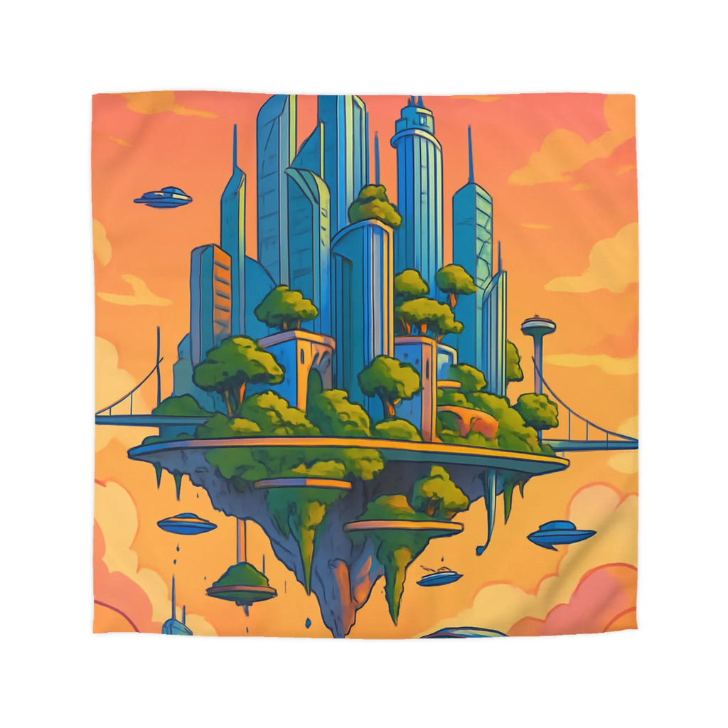Housse de couette futuriste avec cité flottante et paysages aéronautiques colorés et modernes