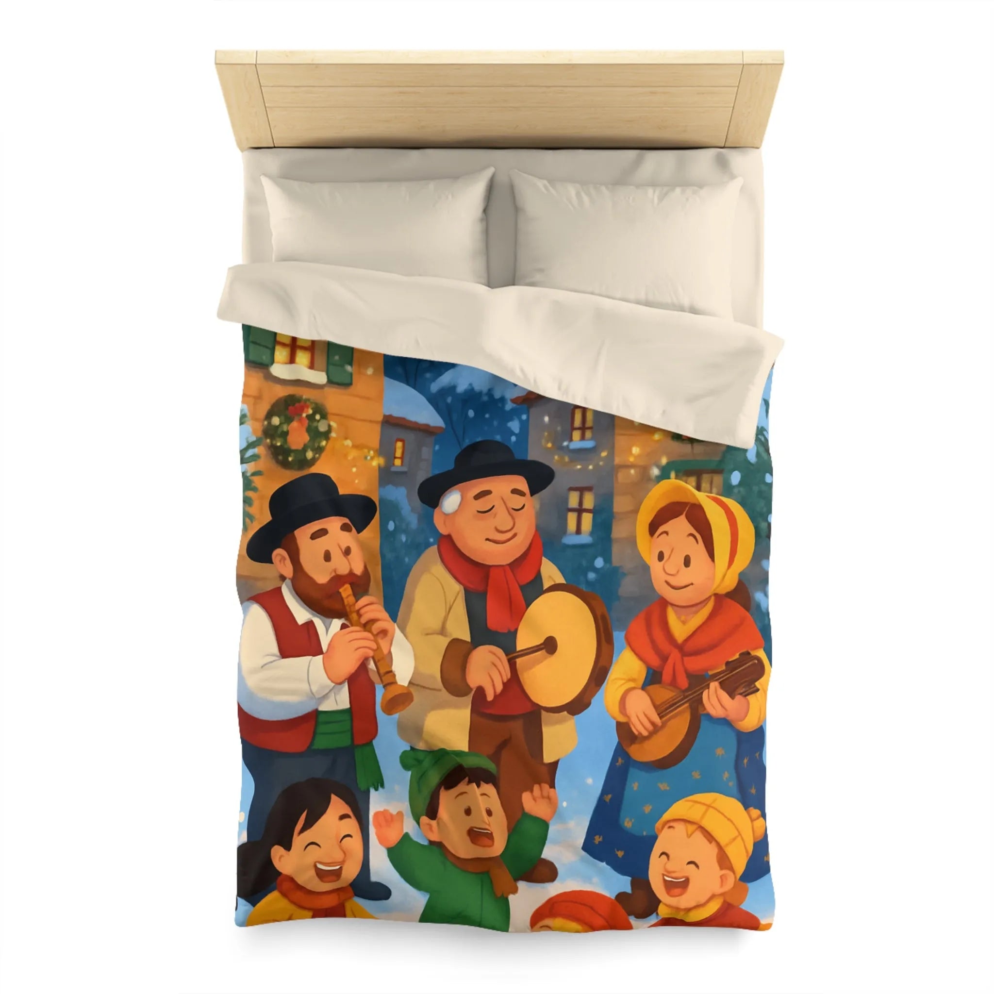 Housse de couette festive avec village enneigé et musiciens pendant l’hiver joyeux