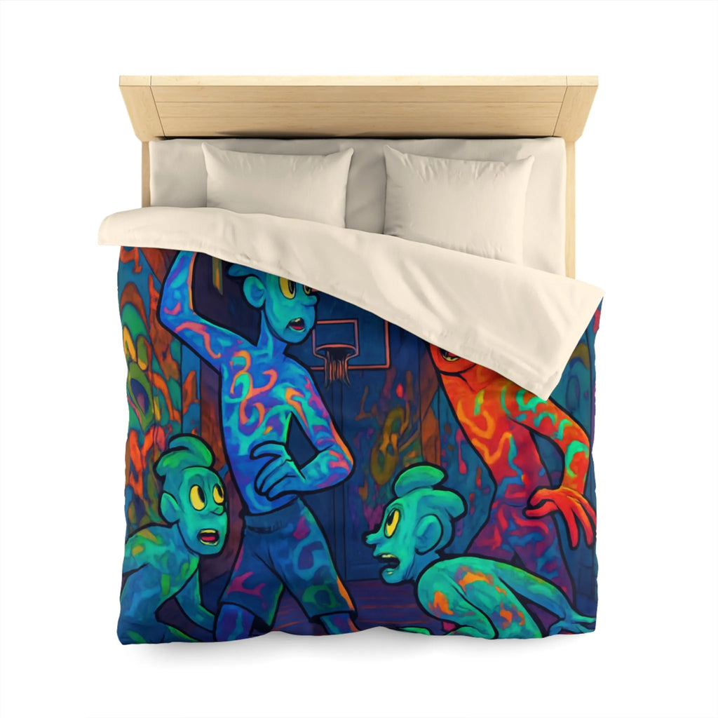 Housse de couette colorée avec personnages abstraits jouant au basket la nuit