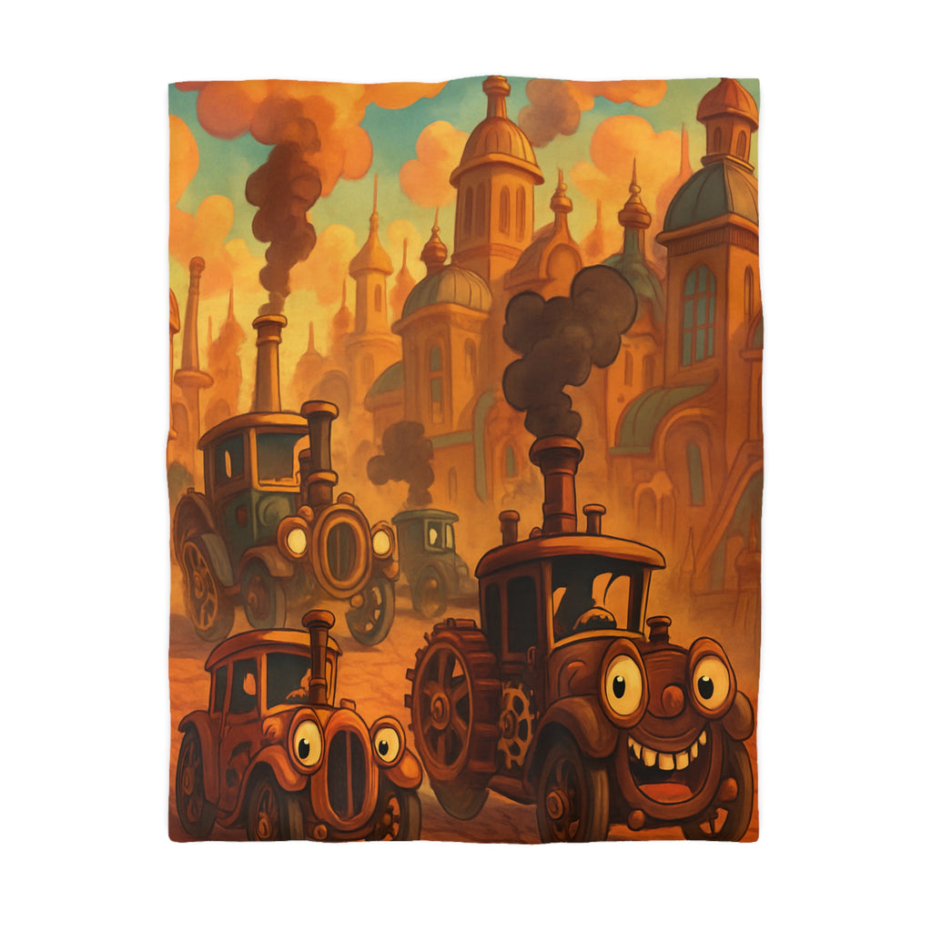 Housse de couette vintage joyeuse avec voitures souriantes et architecture cuivrée