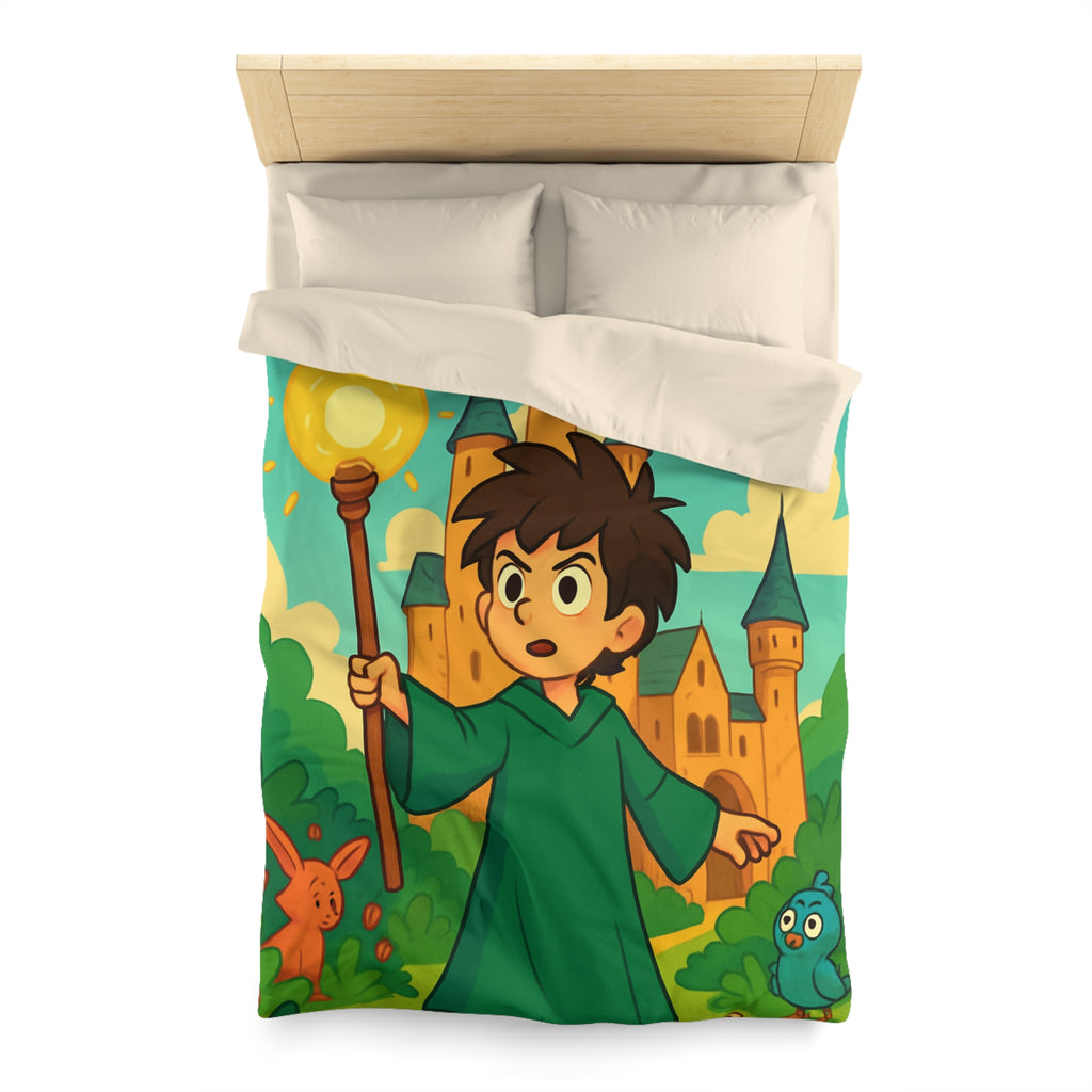 Housse de couette pour enfants avec château magique, dragon et petit magicien coloré