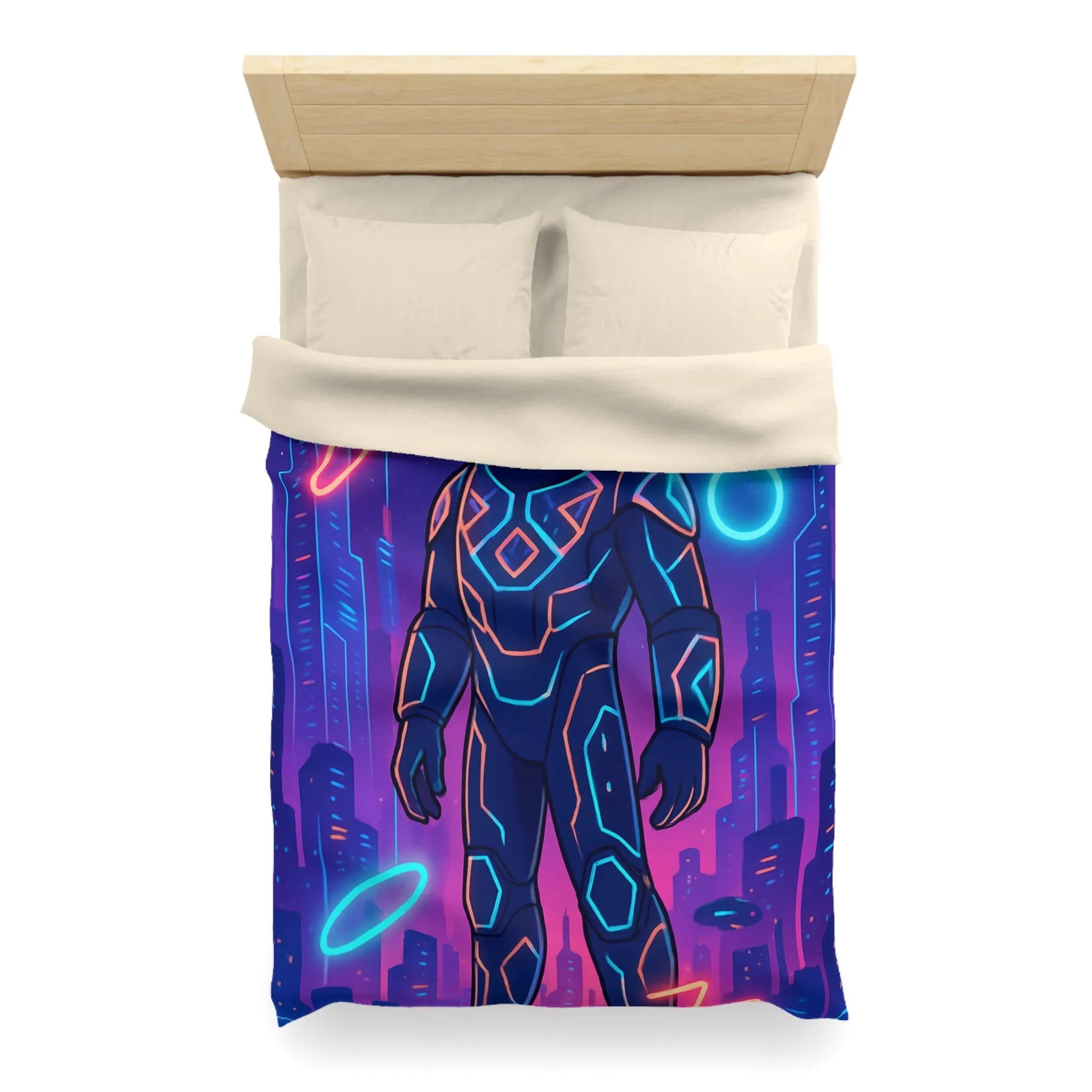 Housse de couette avec astronaute néon, skyline futuriste et vaisseaux spatiaux
